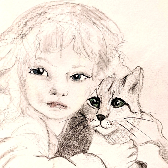 Anna and Mishu Original pencil and watercolor drawing - Picture 3 of 5